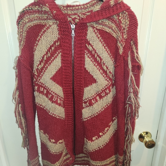 Free people boho fringe hooded sweater - Picture 1 of 3